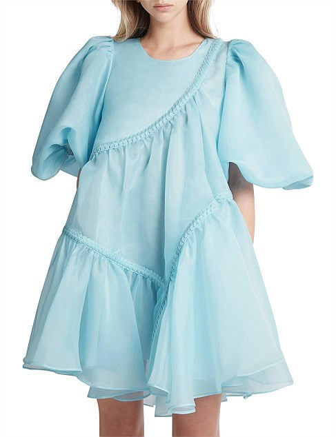 Aje Riviera Asymmetric Braided Puff Sleeve Smock Dress Ice Blue