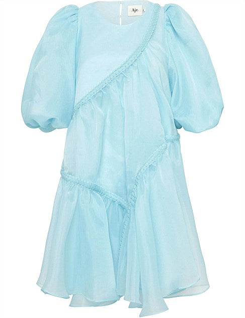 Aje Riviera Asymmetric Braided Puff Sleeve Smock Dress Ice Blue