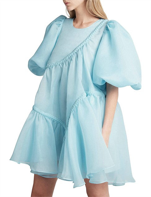 Aje Riviera Asymmetric Braided Puff Sleeve Smock Dress Ice Blue