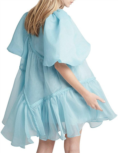 Aje Riviera Asymmetric Braided Puff Sleeve Smock Dress Ice Blue