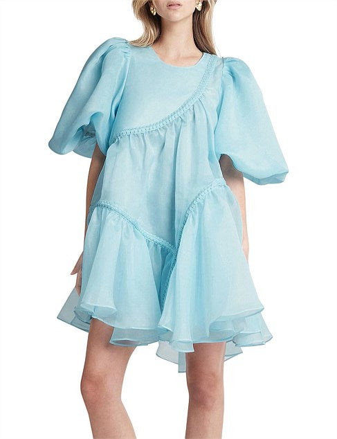 Aje Riviera Asymmetric Braided Puff Sleeve Smock Dress Ice Blue