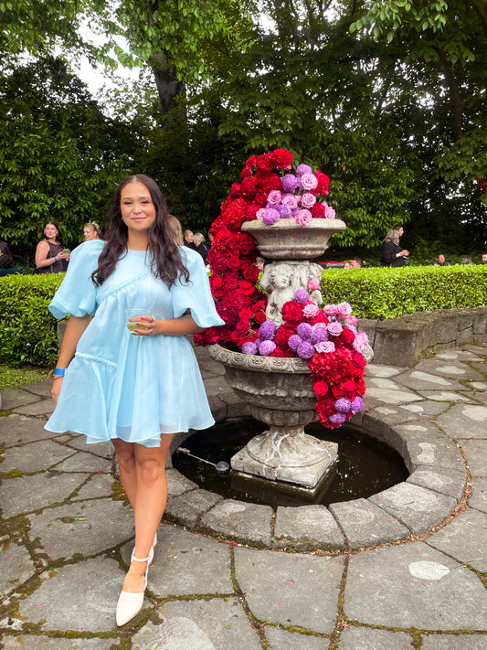 Aje Riviera Asymmetric Braided Puff Sleeve Smock Dress Ice Blue